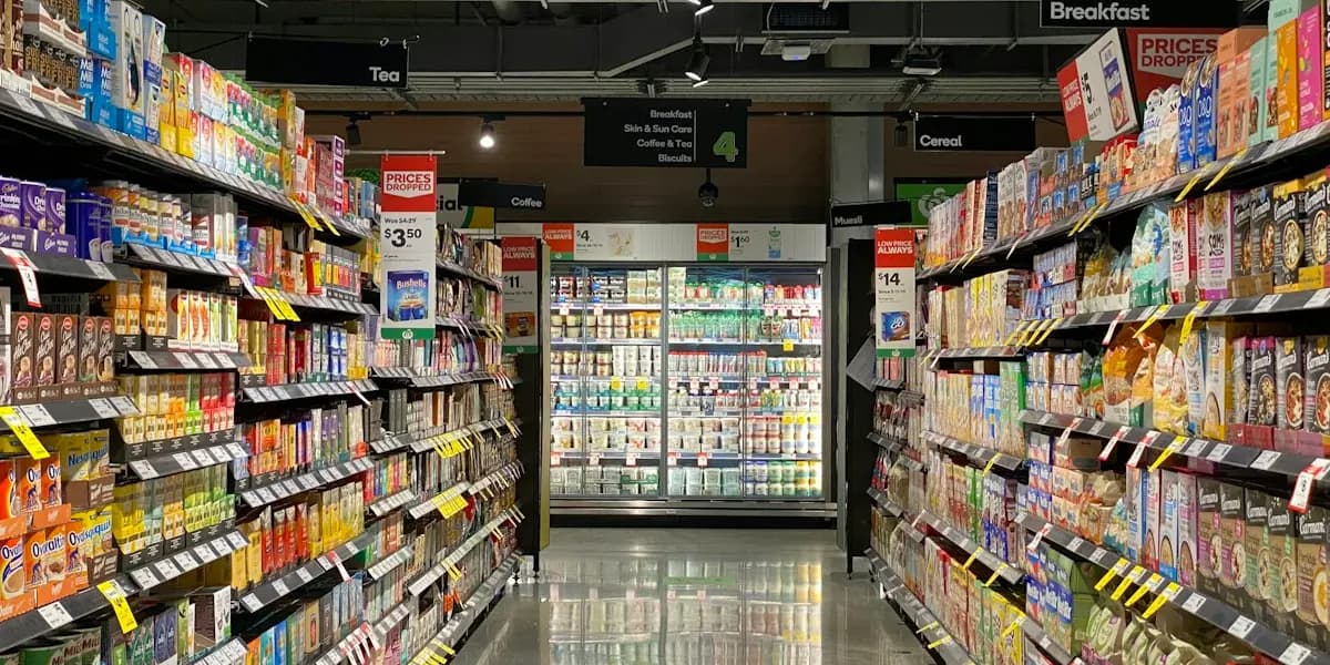 Pasillo de un supermercado con estanterías de productos