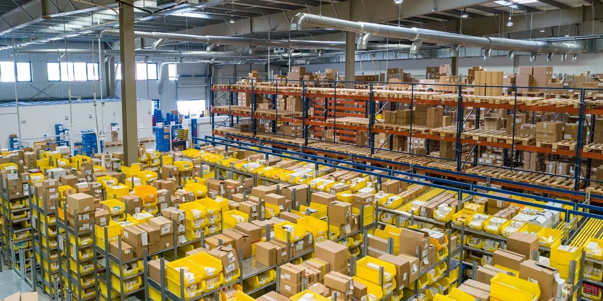 Warehouse with shelves full of boxes