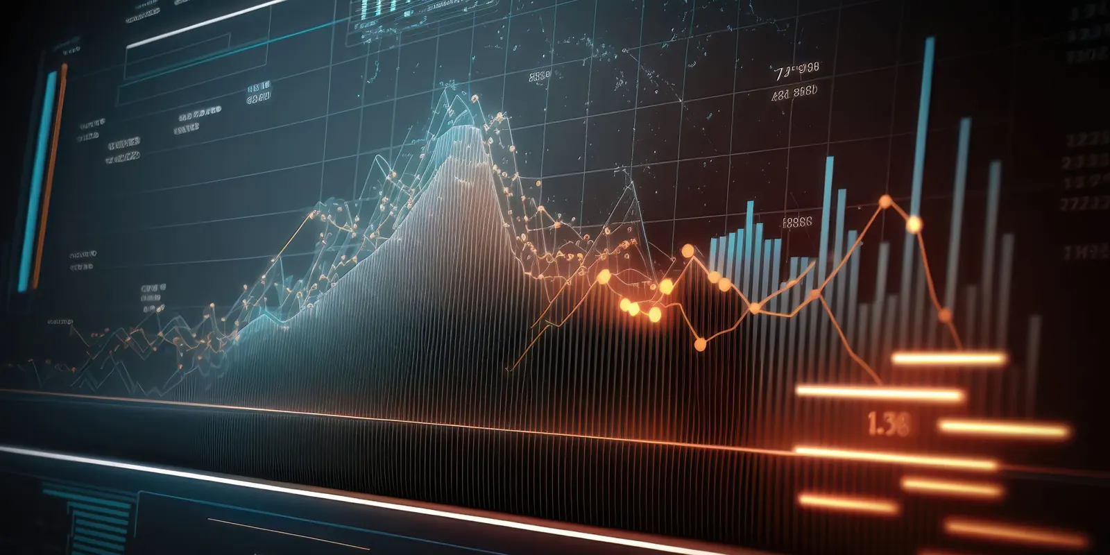 Gráficos de analítica de datos con curvas y barras luminosas sobre una pantalla oscura