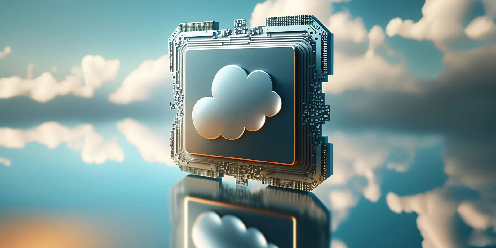 Chip electrónico con el símbolo de una nube flotando sobre un cielo con nubes